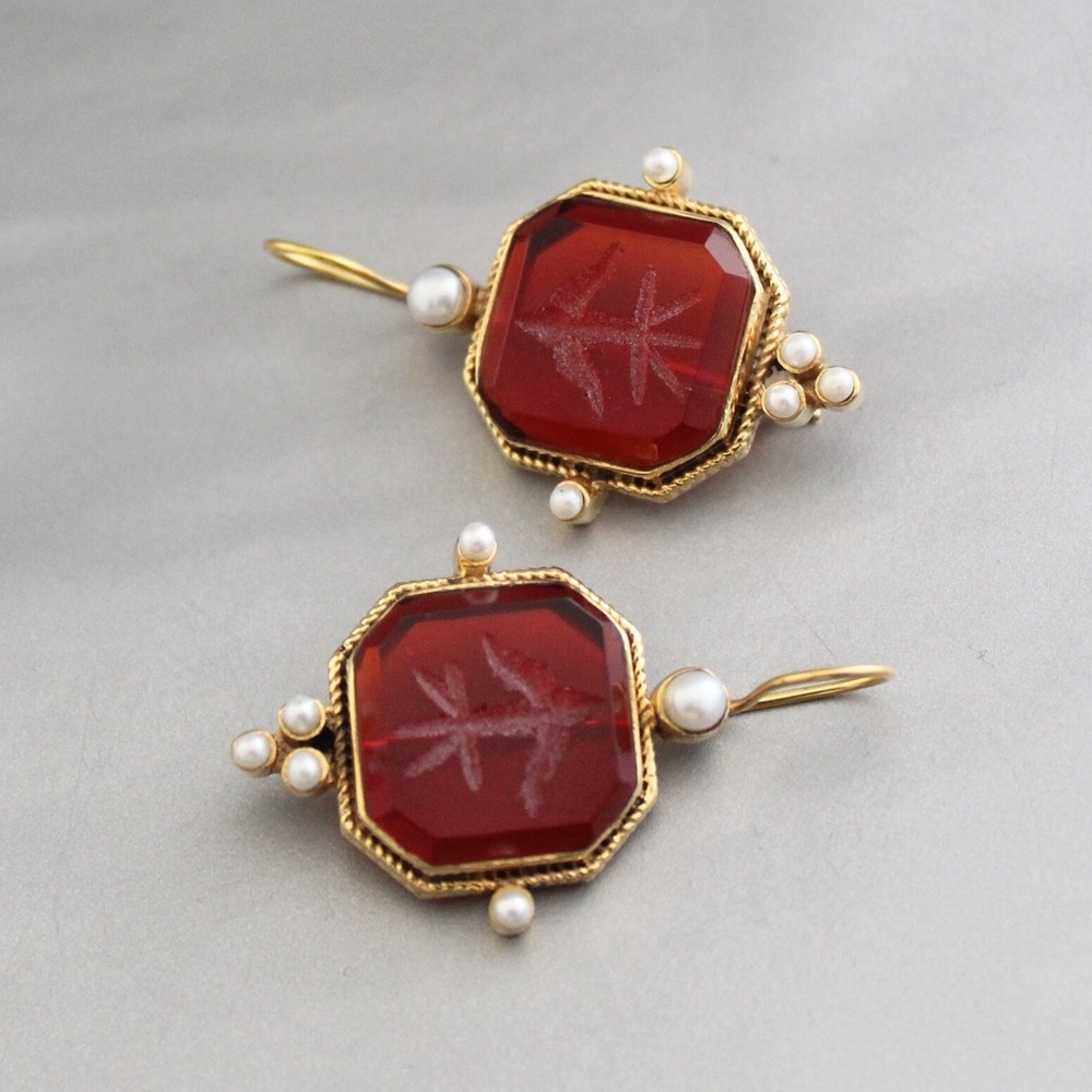 Vintage Gold and Red Earrings with Pearl Accents - Picture 5 of 5